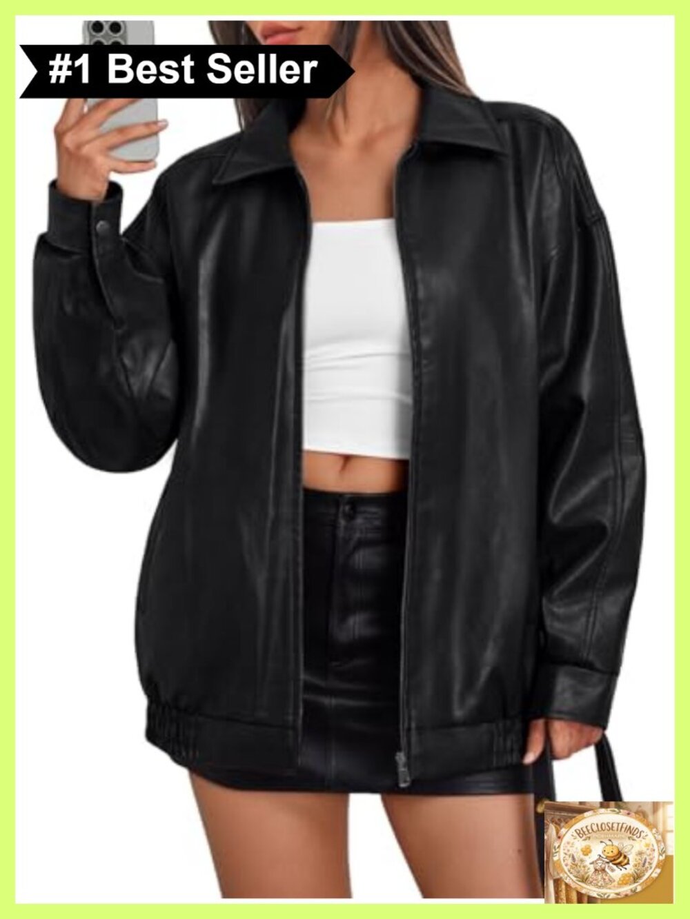 Oversized Vegan Leather Moto Bomber Jacket Zip-Up Cocoon Coat Fall Winter